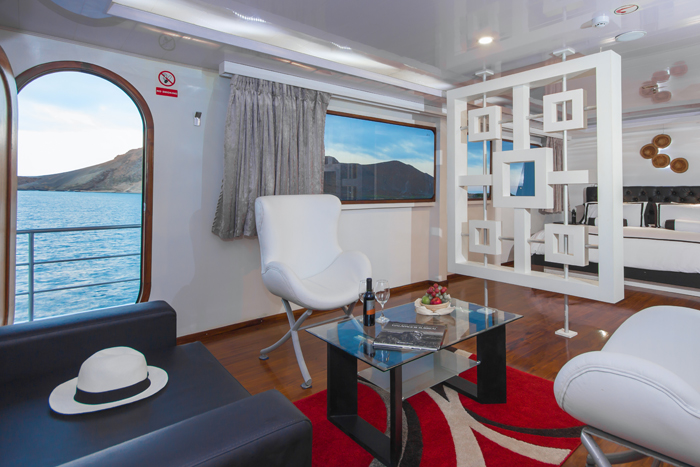 Living room onboard the deluxe luxury Galapagos cruise Petrel