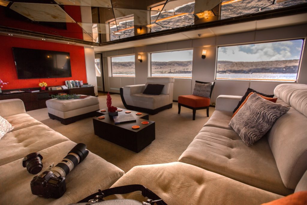 Beautiful lounge aboard the best Galapagos private charter